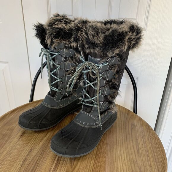 Women Lace Up Black Fur Trim Lined Winter Snow Boots Size 6 M Gray Khombu - Picture 13 of 16